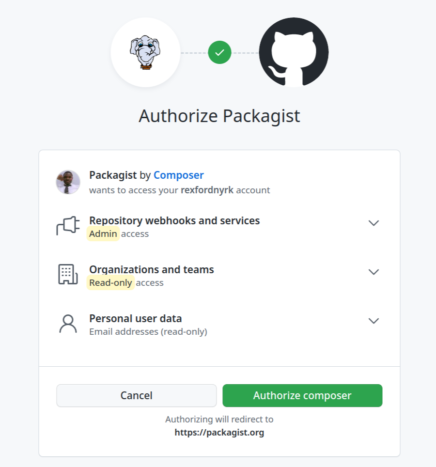 Captura de pantalla que muestra la página de autorización de Packagist a través de GitHub.