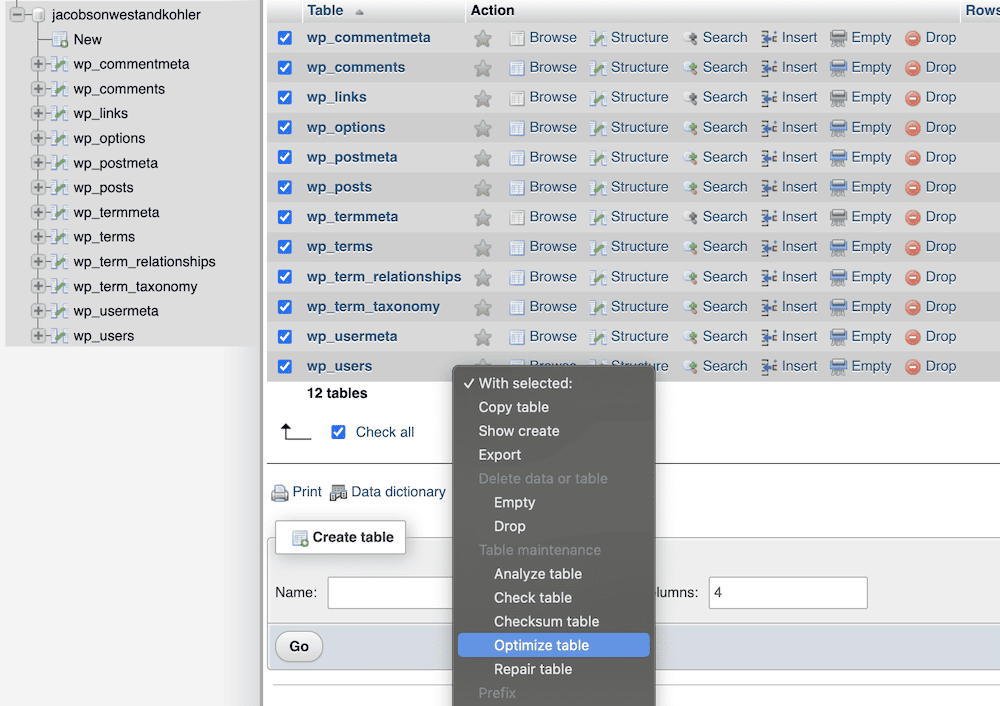 Un menú contextual en phpMyAdmin para una lista seleccionada de tablas de bases de datos de WordPress, con la opción 