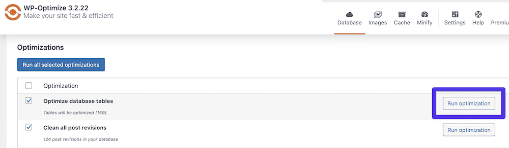 Una sección de la interfaz del plugin WP-Optimize en el panel de control de WordPress, mostrando la opción 