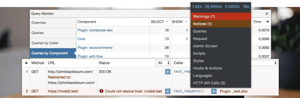La cabecera de WordPress.org para el plugin Query Monitor. Muestra las consultas por componente, centrándose en componentes como 