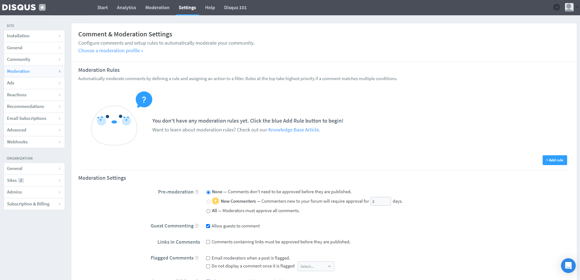 Acessando o painel de moderação no painel do Disqus.