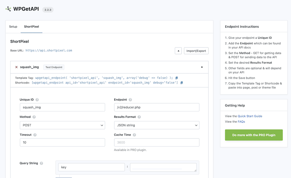 Una schermata dell'interfaccia del plugin WPGetAPI che mostra il processo di configurazione per l'integrazione di ShortPixel API. Ci sono campi per impostare i dettagli dell'endpoint, come l'ID univoco, il metodo e il formato della risposta.