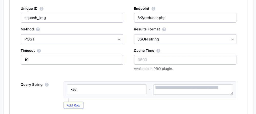 Dettagli sull'endpoint di configurazione dell'API ShortPixel in WPGetAPI. Mostra i campi per ID univoco, Metodo (POST), Timeout, Endpoint (/v2/reducer.php), Formato dei risultati (stringa JSON) e Tempo di cache. Include una sezione di stringa di query con una coppia chiave-valore.