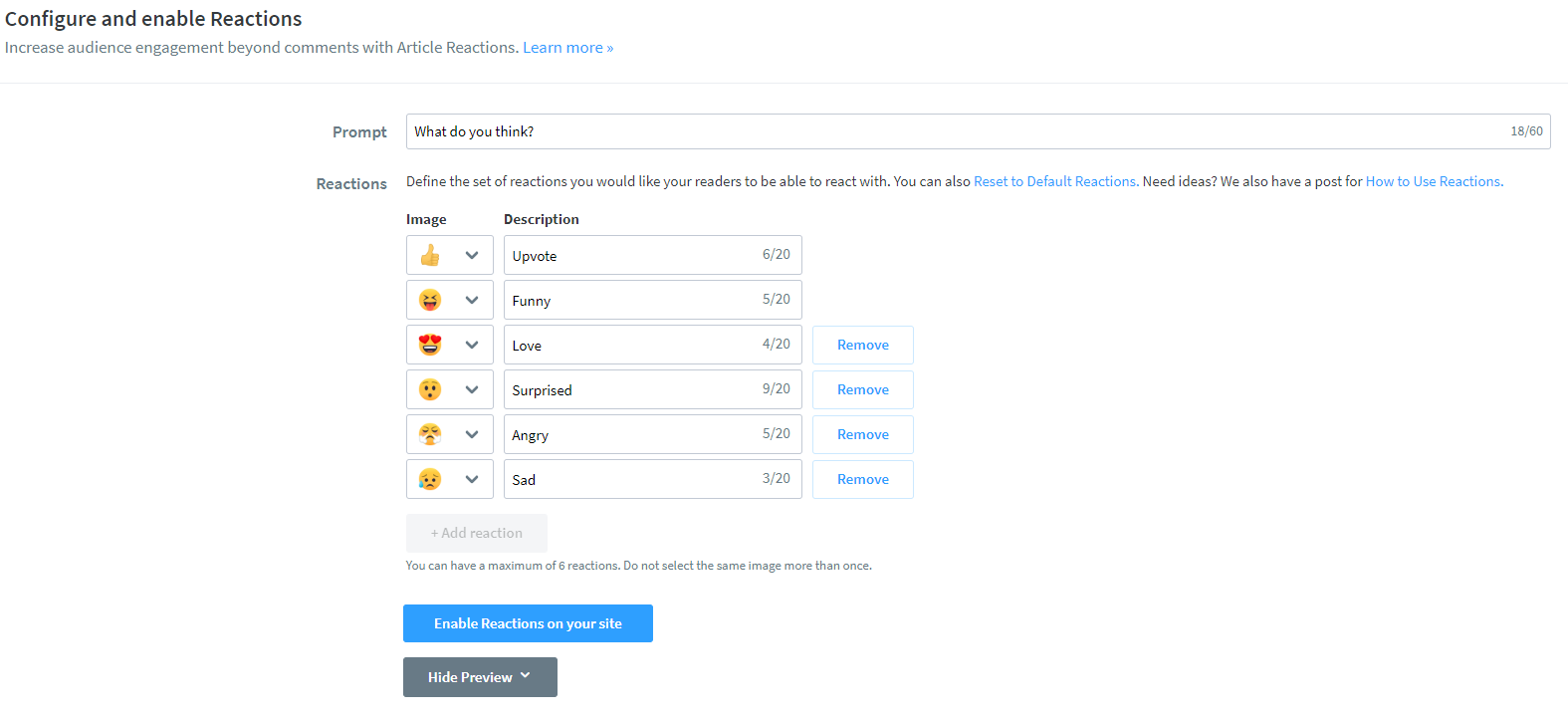Configurando e ativando as reações por meio do painel do Disqus.