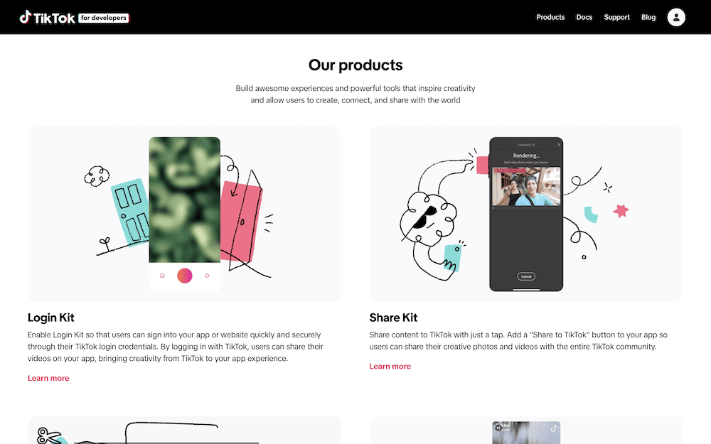 La pagina web di TikTok dedicata agli sviluppatori, che presenta API e strumenti come Login Kit e Share Kit. Ognuno di essi include descrizioni concise accanto a esempi illustrati di come integrare le funzionalità di TikTok in altre applicazioni.