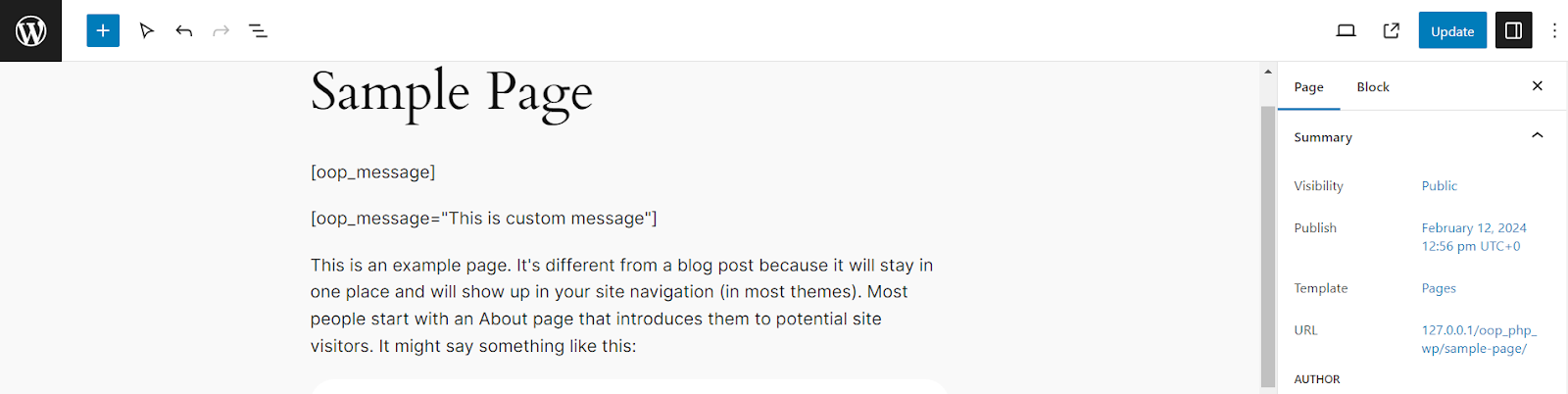 Screenshot of the Sample Page. It displays the 