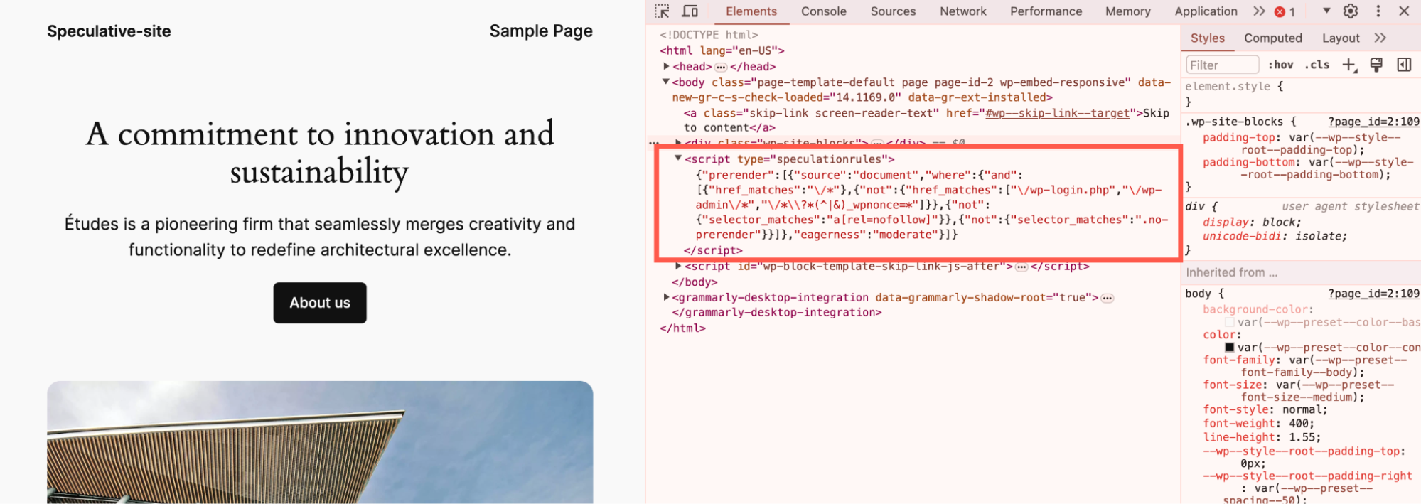 WordPressサイトを検証して、Speculative Loadingによって投機的読み込みルールが追加されていることを確認