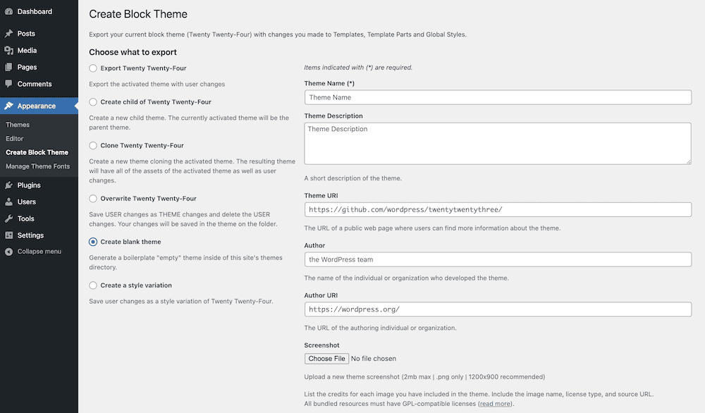 The WordPress dashboard showing the Create Block Theme settings page, with options to export the current Twenty Twenty-Four theme with user changes, create a child theme, clone the Twenty Twenty-Four theme, or create a blank theme. The page also has fields to specify the theme name, description, author, author URL, and screenshot.