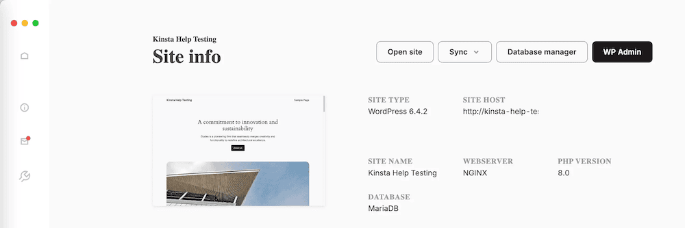 The DevKinsta Site Info page showing key details about the local site. It includes the current WordPress version, has a site name of 
