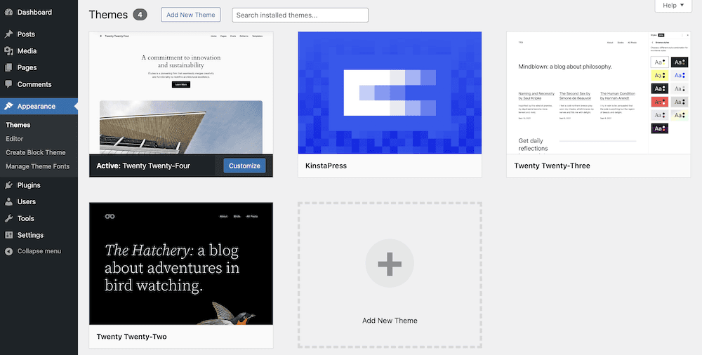 The WordPress administration dashboard showing an overview of themes, with the Twenty Twenty-Four and Twenty Twenty-Three themes highlighted, as well as a preview of the KinstaPress theme which features a minimalist blue design.