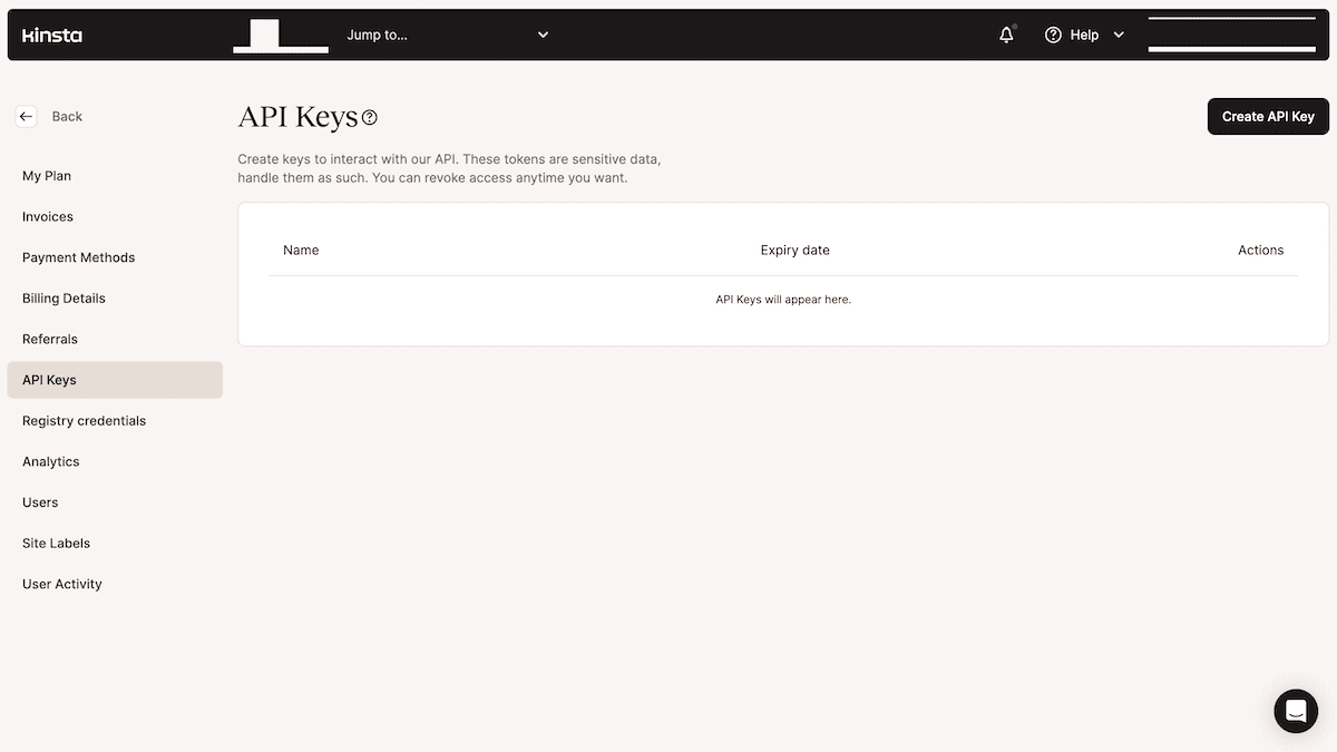 The API Keys screen on the MyKinsta dashboard. The screen has an empty table where API keys would be listed, along with their name and expiry date. There is a prominent 