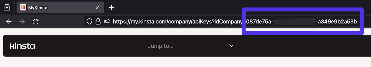 Una barra de direcciones del navegador que muestra parte de una URL del dominio my.knst.lol. El texto es gris oscuro sobre un fondo gris claro, con el último segmento resaltado en morado, destacando el ID de la empresa.
