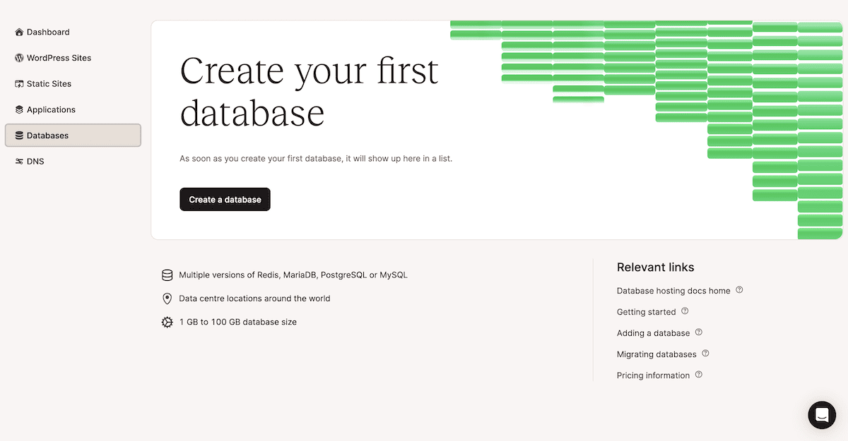 La página Bases de datos dentro del panel de control de MyKinsta. El texto principal dice 