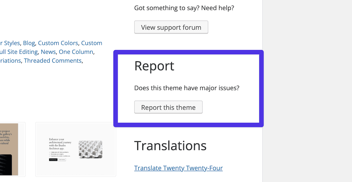 A prompt on a WordPress Theme Directory page asking 
