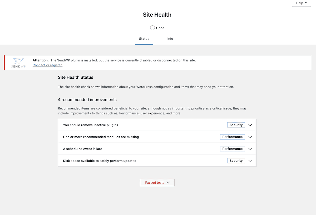 A WordPress site health dashboard showing an overall status of 