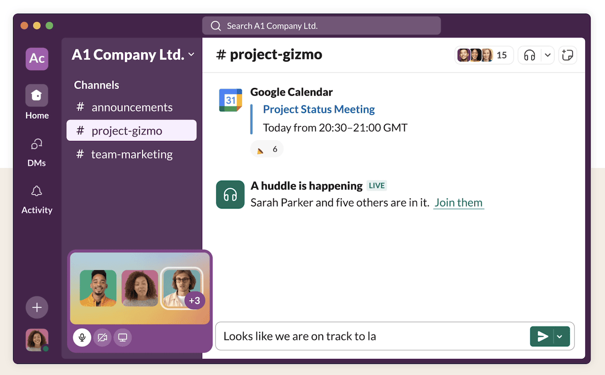 Een mockup van het venster van een Slack-app. Het toont een app-interface voor teamsamenwerking voor 