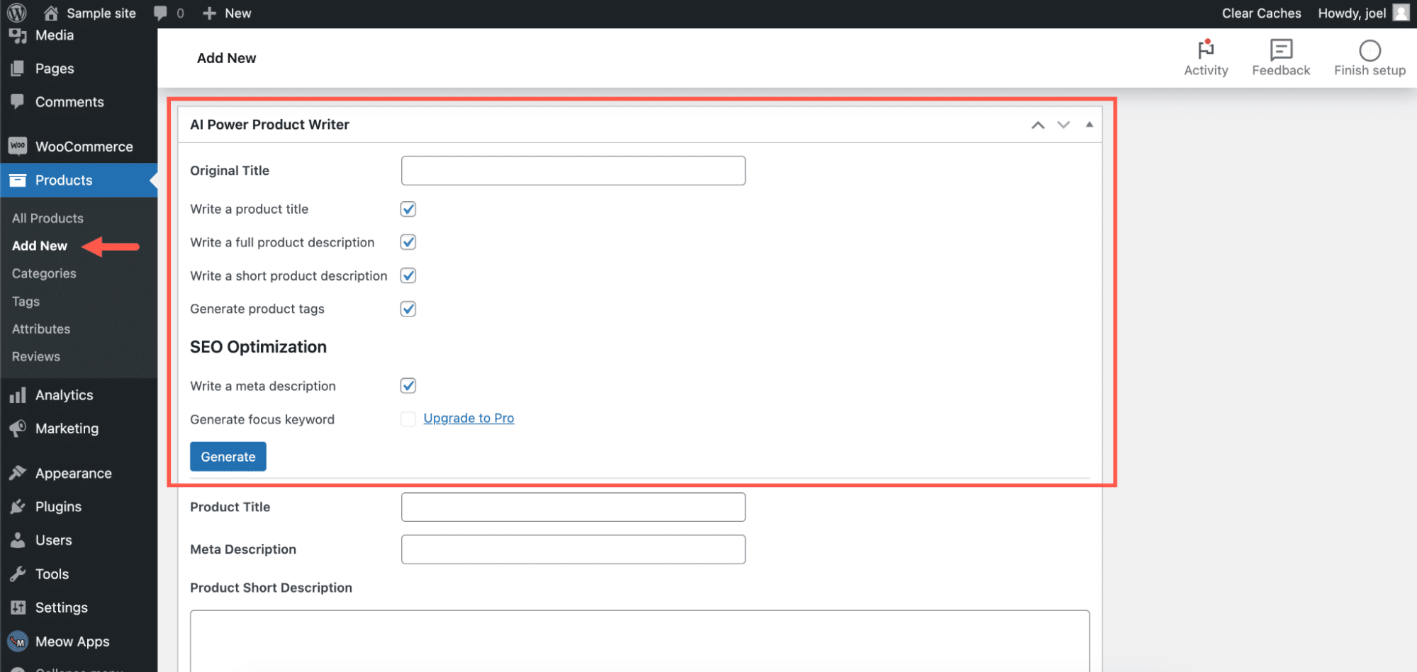 WooCommerce Add New Product page showing AI Power Product Writer section