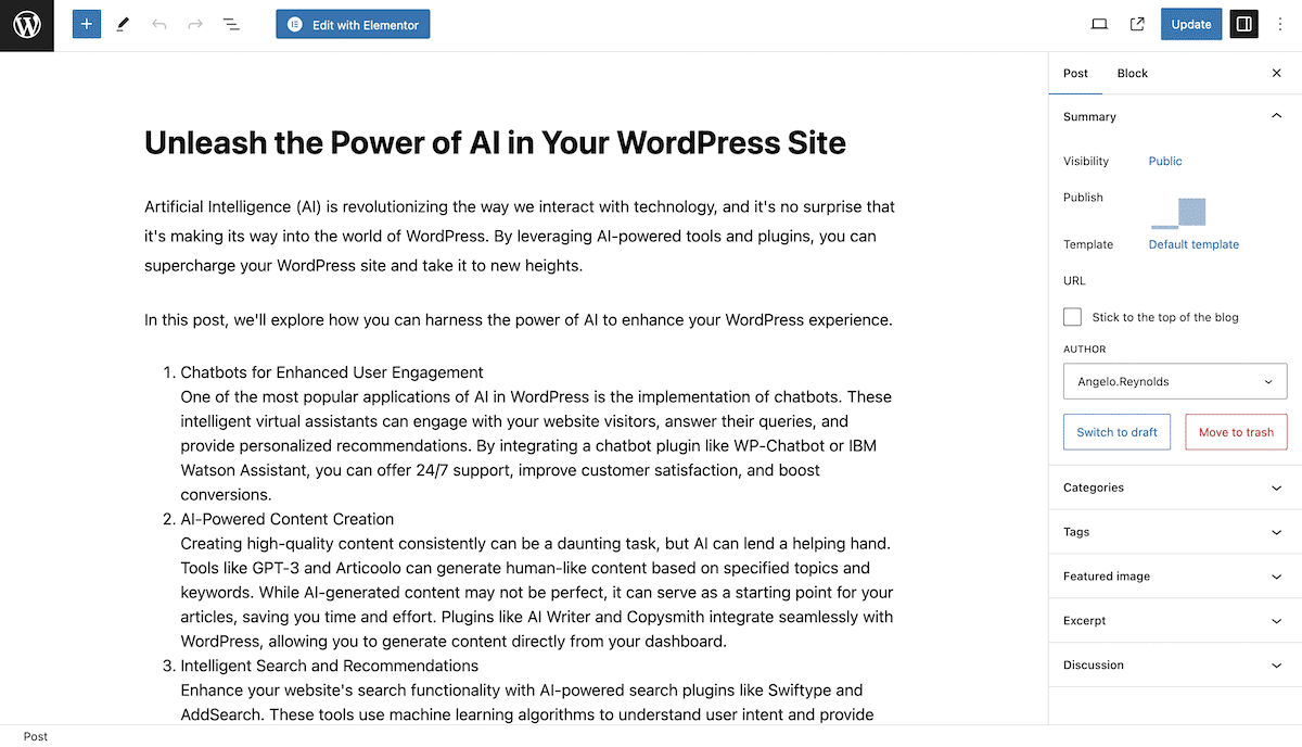 The WordPress Block Editor, showing a blog post titled 