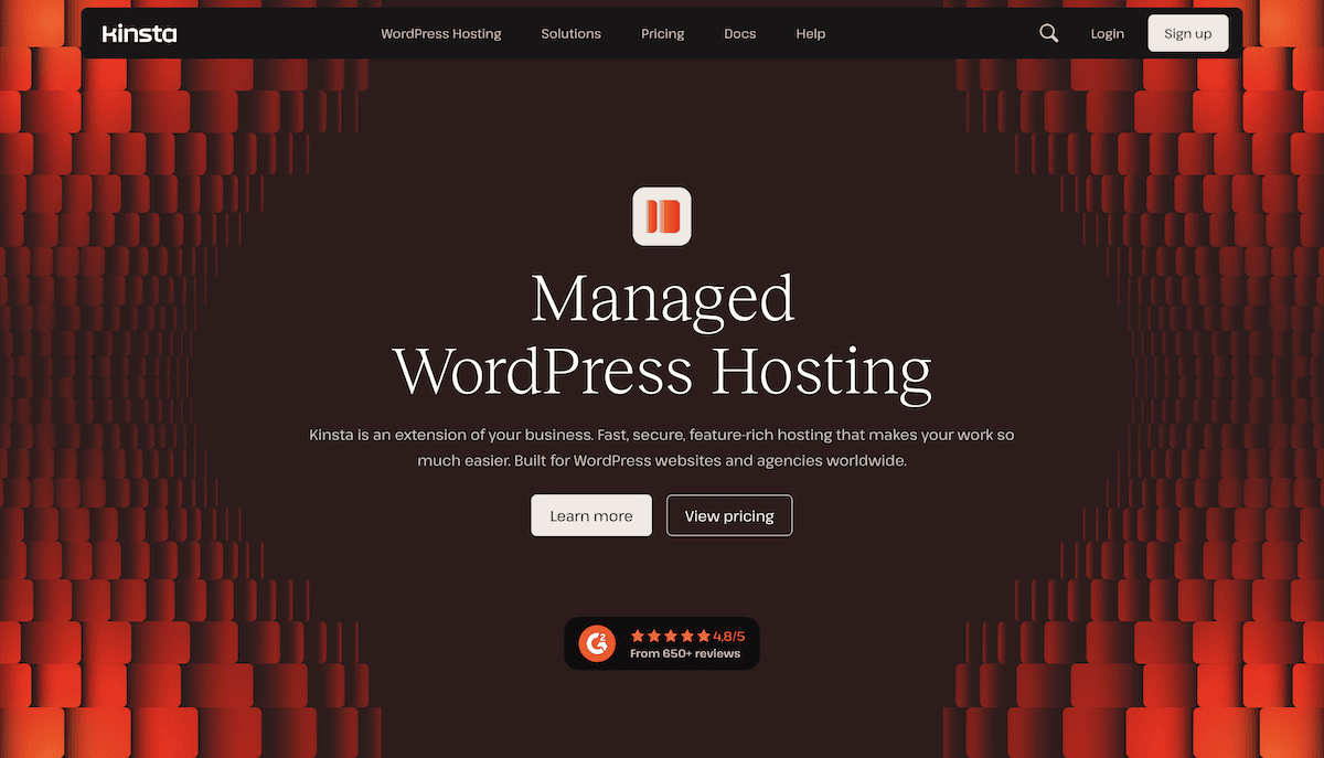 The Kinsta home page. It consists of a dark red background with vertical rectangular shapes resembling a curtain. The Kinsta logo and navigation menu are at the top. The main content area features white text that says 