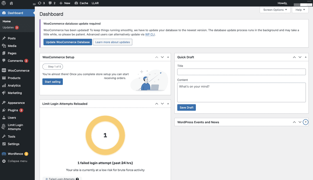 The WordPress dashboard showing several alerts and status indicators. At the top, a notice states that a WooCommerce database update is required. Below that, the WooCommerce setup wizard shows step one of six and a 