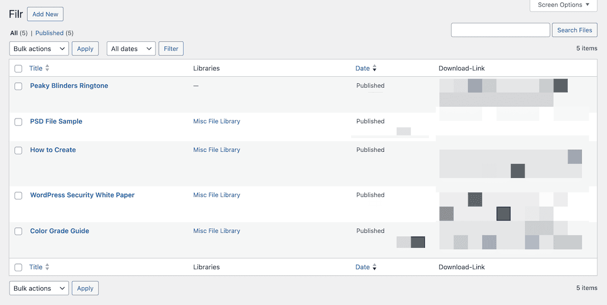 The WordPress backend, showing an interface listing five published documents. The columns include checkboxes, Title, Libraries, Date, and icons indicating if a Download link is available. The published documents listed are 