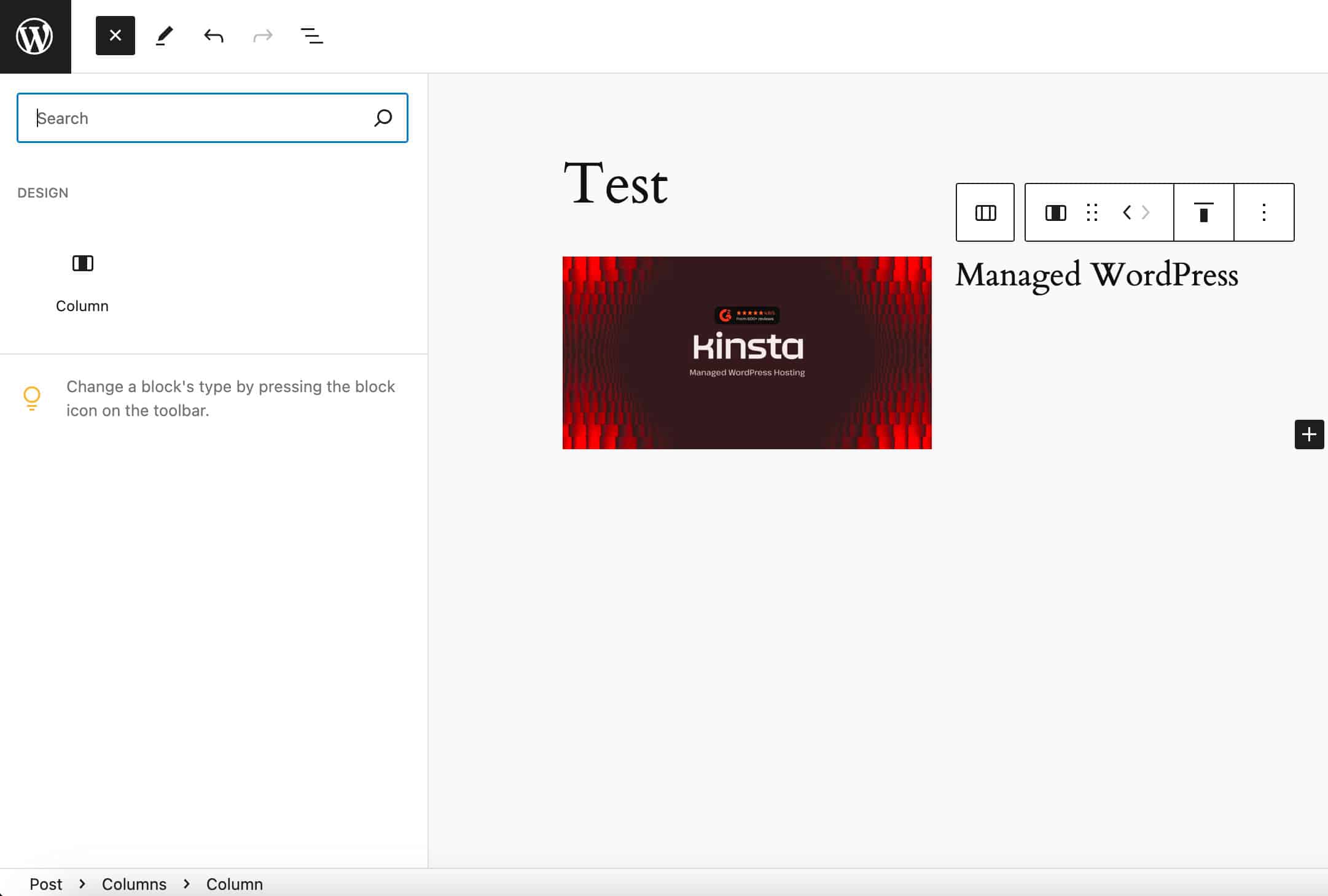WordPress 6.5ではカラムブロックを選択すると、ブロックインサータにはカラムブロックしか表示されなかった