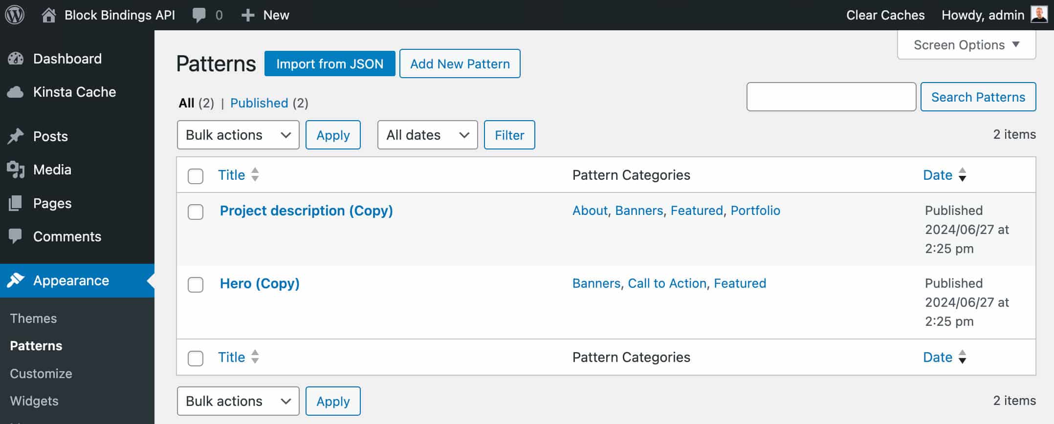 Patterns pagina in WordPress 6.5 met het Twenty Twenty One klassieke thema