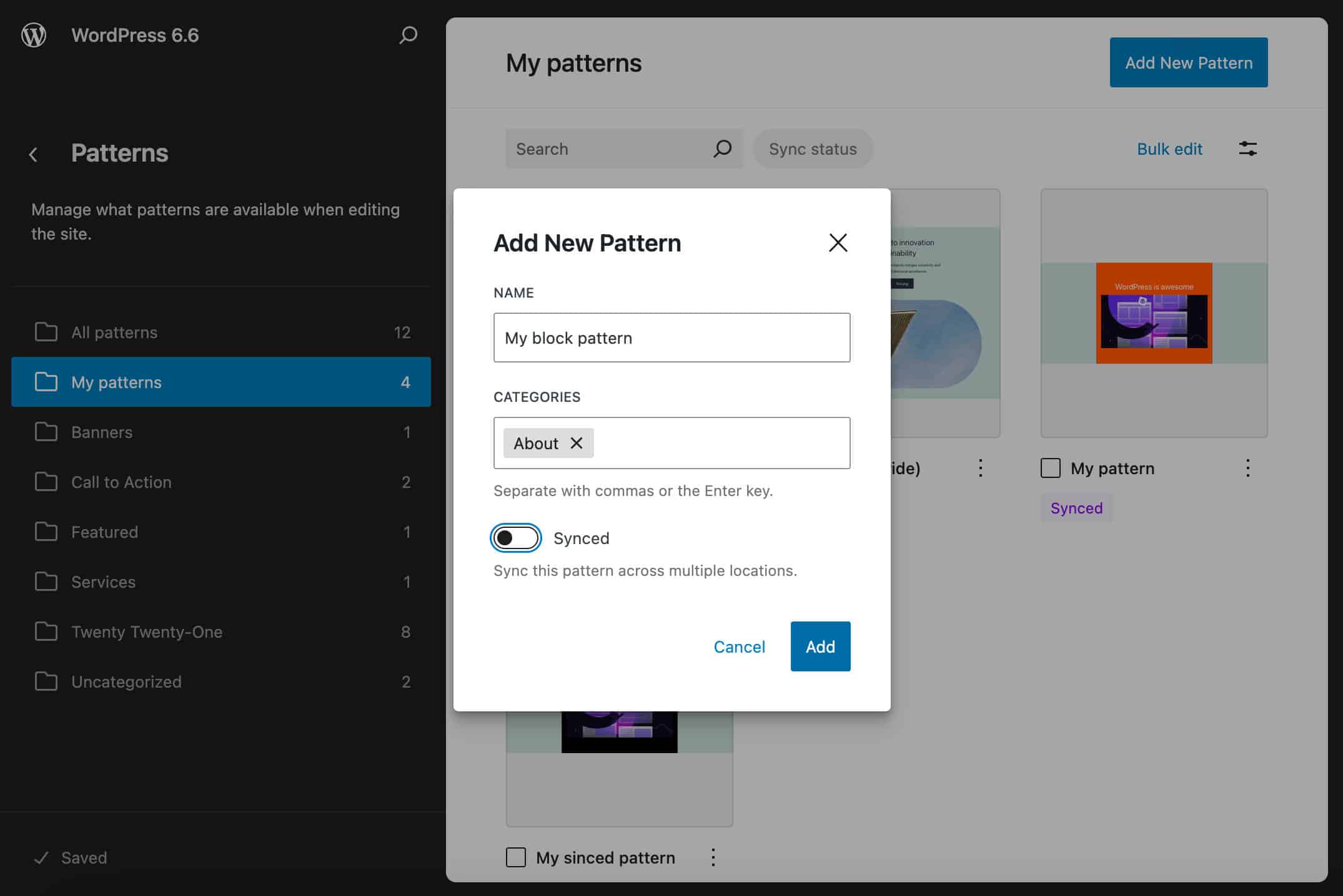 Een nieuw pattern toevoegen met een klassiek thema in WordPress 6.6