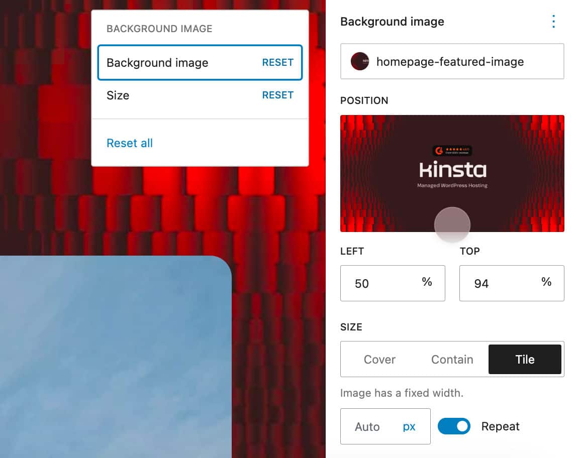 Het paneel Background Image in Style Settings