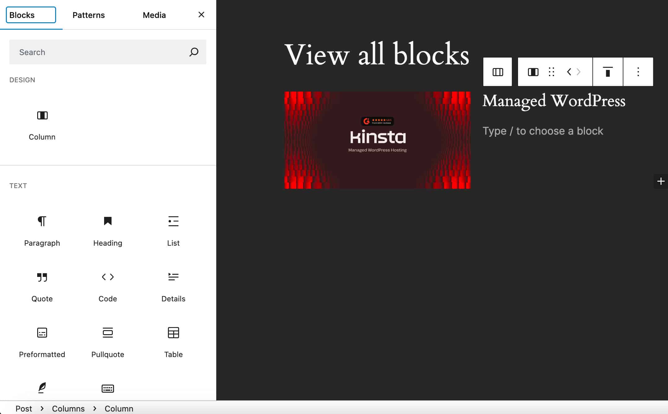 WordPress 6.6ではカラムブロックを選択すると、ブロックインサータに2つのブロックグループが表示される