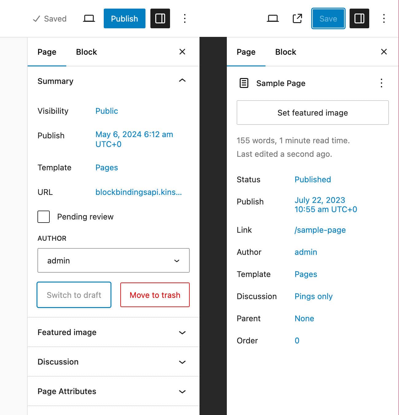 WordPress 6.5（左）と6.6（右）の固定ページ設定パネルの比較