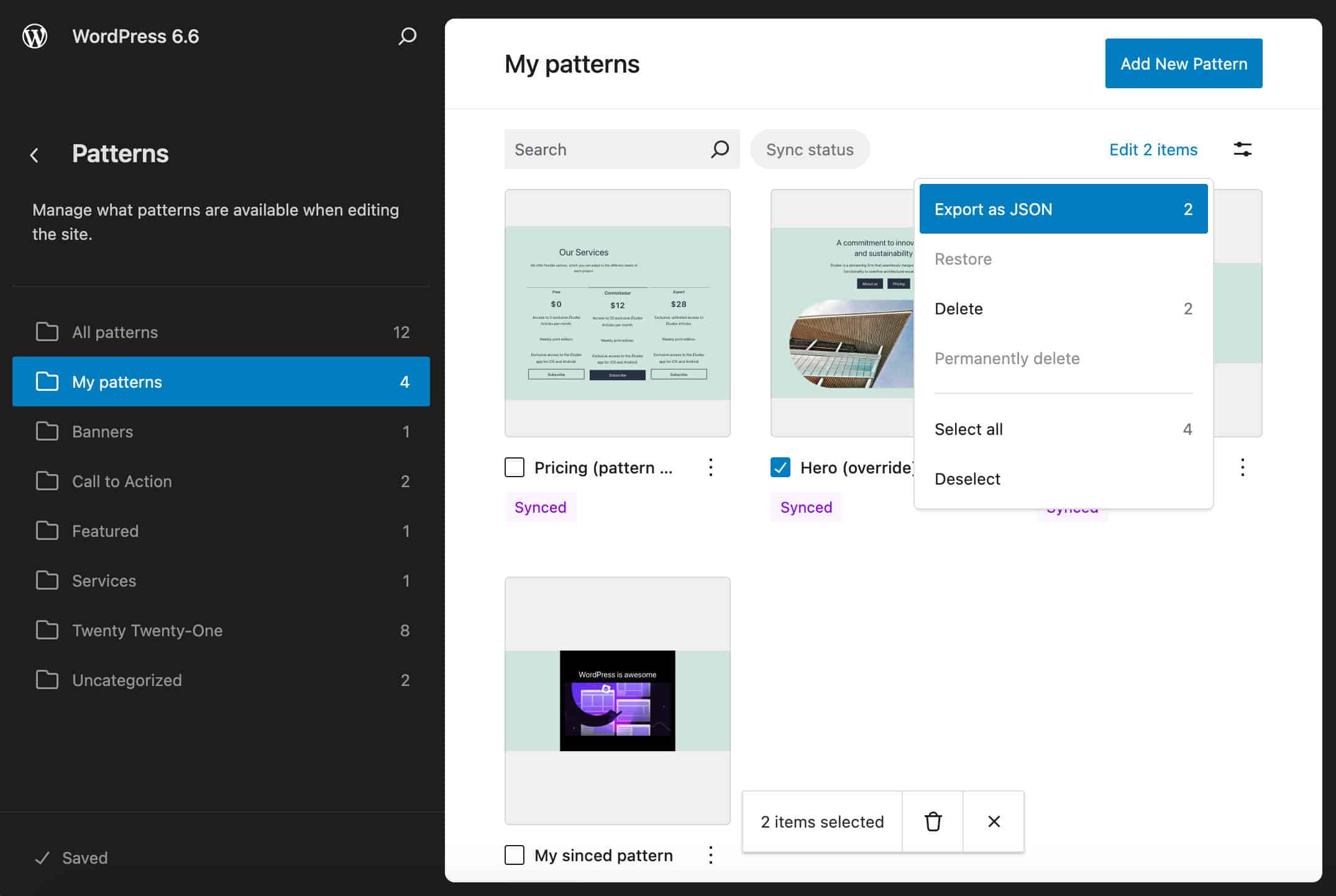 Bulkacties op patterns in WordPress 6.6 met het Twenty Twenty-One klassieke thema