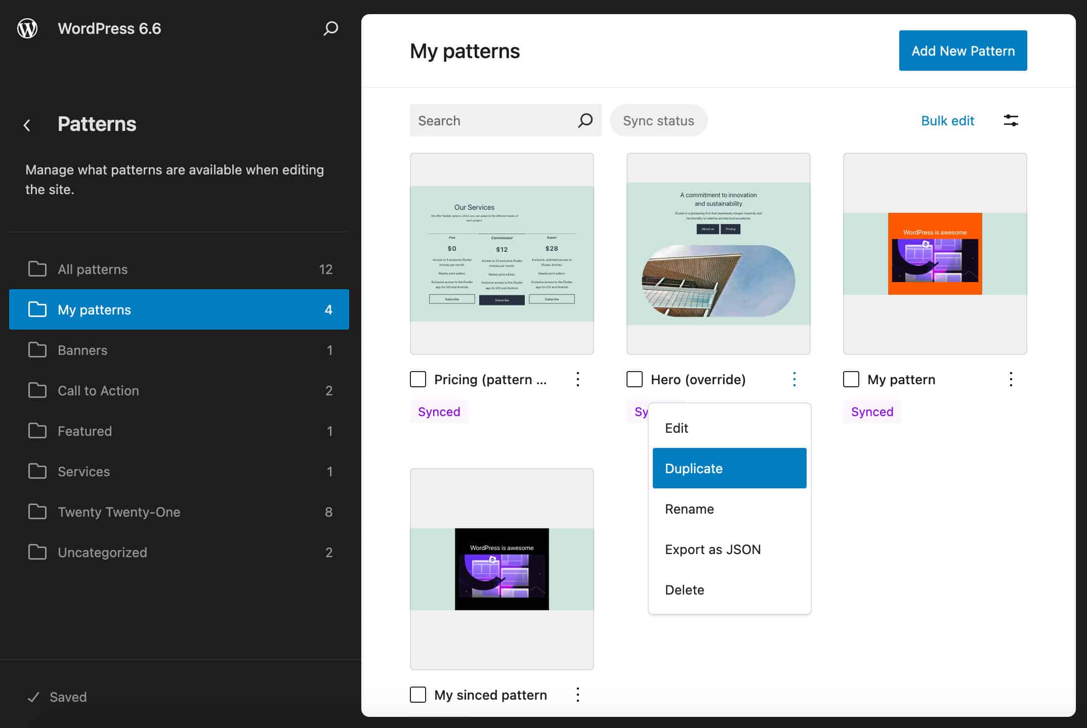 Patternacties in WordPress 6.6 met het Twenty Twenty-One klassieke thema