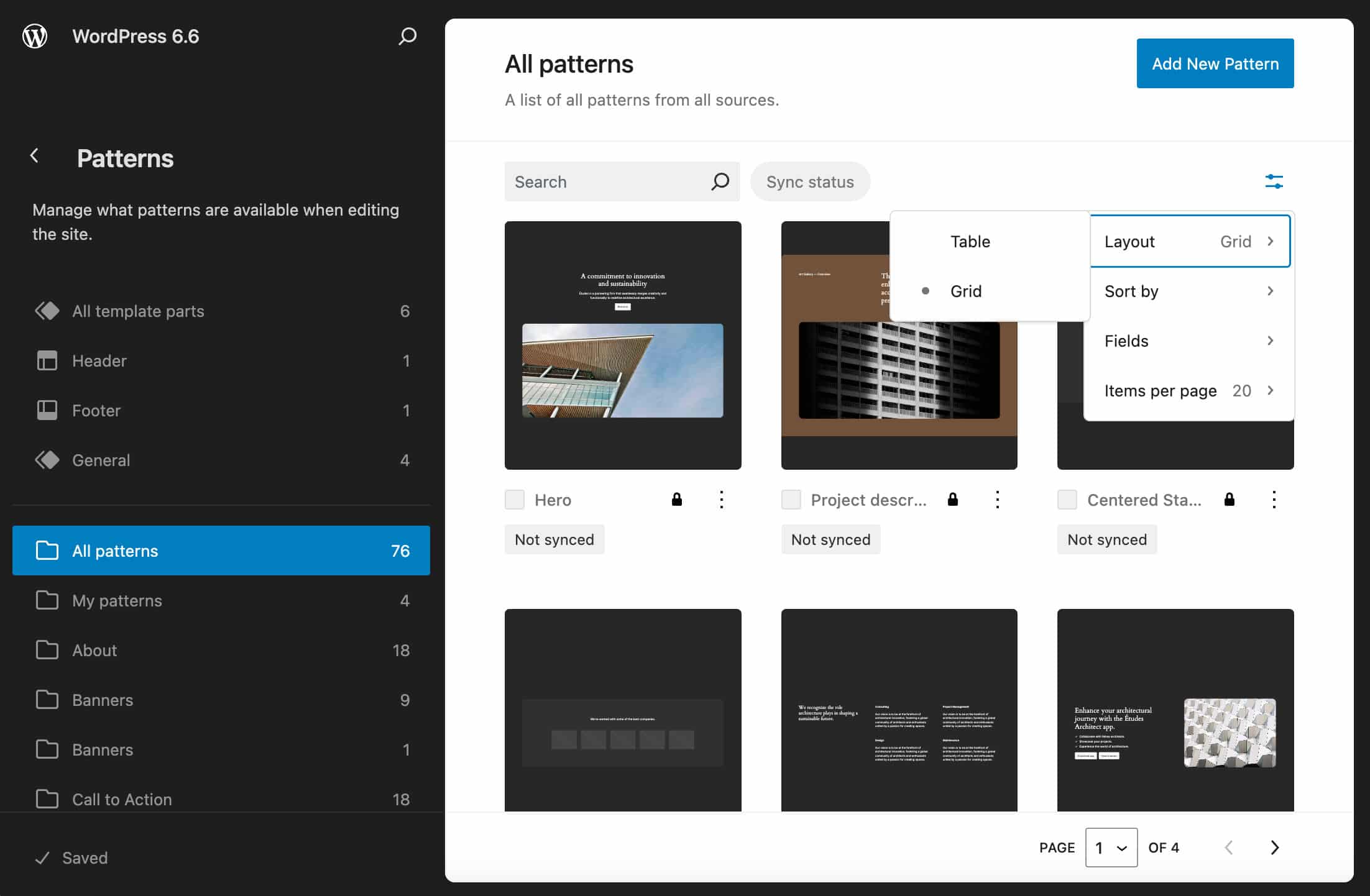 Patternsweergave met weergaveopties in WordPress 6.6