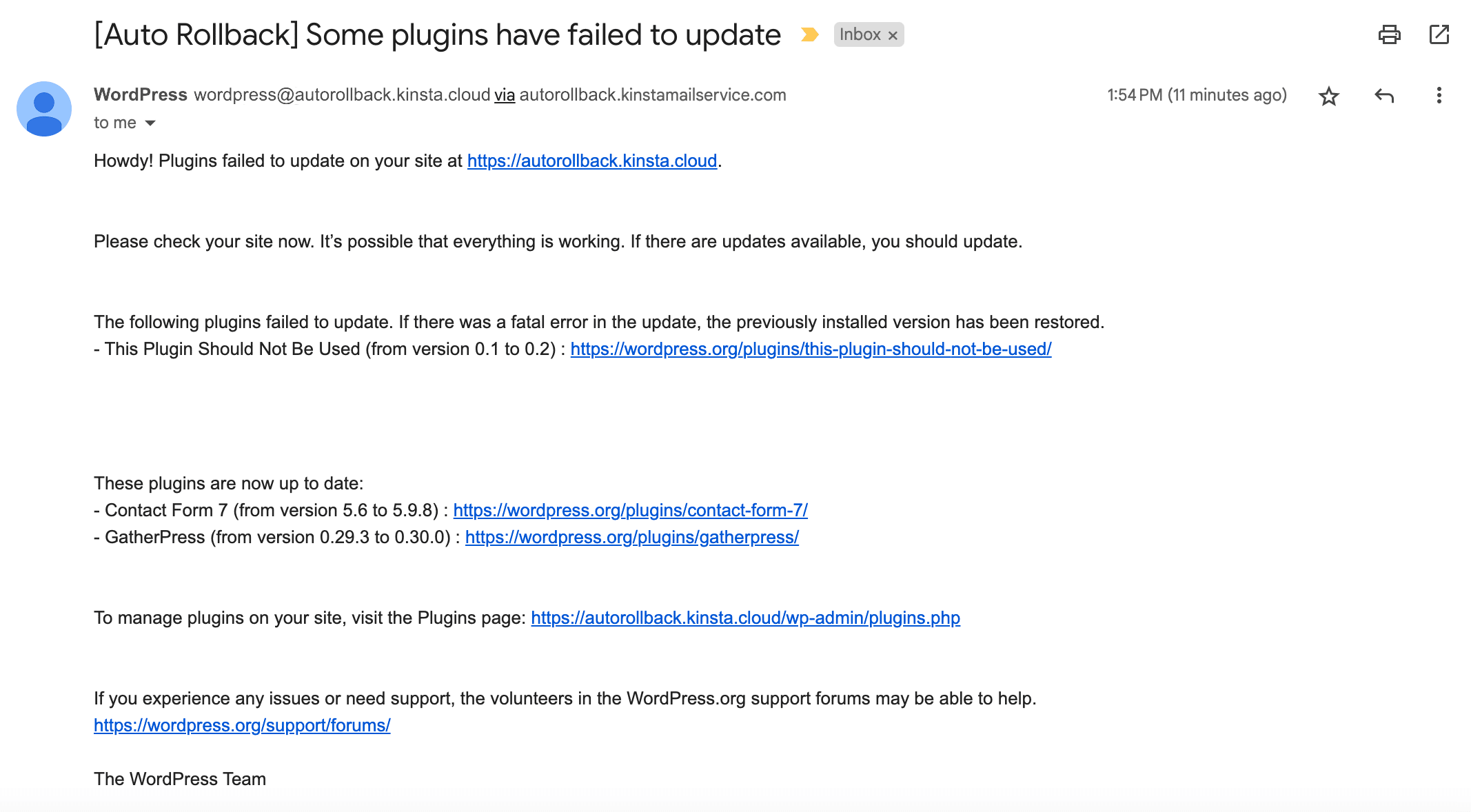 An email from WordPress warning of plugin auto rollback failure