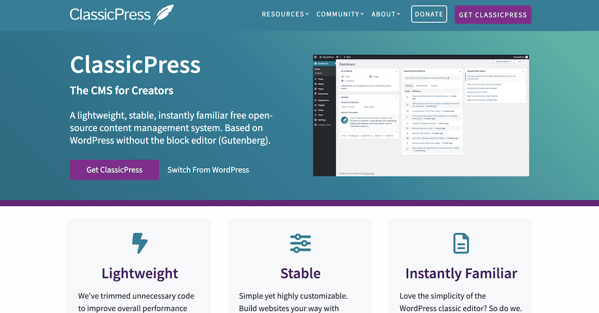 ClassicPressのウェブサイト