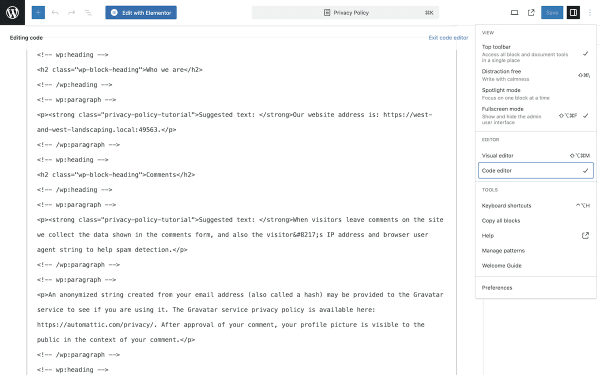 La interfaz del editor de código de WordPress dentro del Editor de Bloques. Muestra el código HTML de la política de privacidad de tu sitio web. El código incluye encabezados y párrafos con detalles sobre la dirección del sitio web, las políticas de comentarios y el uso de Gravatar.