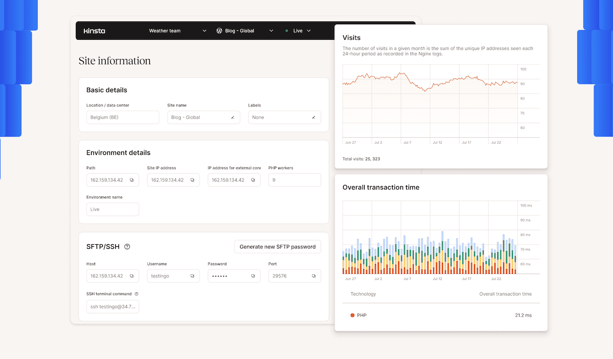 Die Kinsta-Startseite mit dem MyKinsta-Dashboard. Sie enthält grundlegende Details wie Standort (Belgien) und Name der Website, Umgebungsdetails mit IP-Adressen, SFTP/SSH-Verbindungsinformationen und zwei Diagramme. Ein Diagramm zeigt die Website-Besuche im Zeitverlauf an, das andere die Gesamtdauer der Transaktionen, aufgeschlüsselt nach Technologiekomponenten.