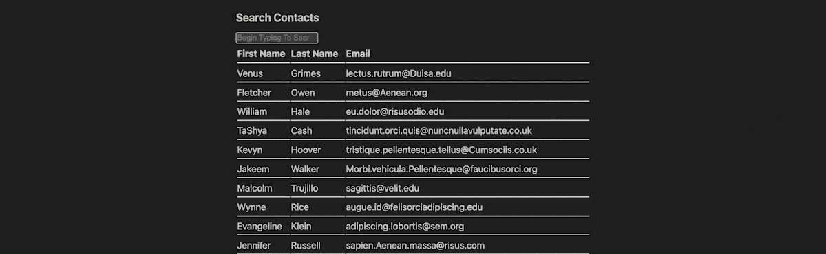 Ein GIF eines dynamischen Suchdialogs mit HTMX und dunklem Hintergrund. Es zeigt eine Tabelle mit Kontakten, die Vor- und Nachnamen sowie E-Mail-Adressen für mehrere Personen enthält. Die Tabelle enthält 10 Zeilen mit Beispielkontaktinformationen.