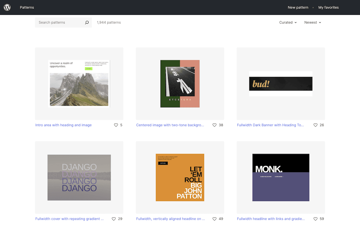 La pantalla de búsqueda de la biblioteca de patrones de WordPress muestra una cuadrícula de plantillas de diseño de sitios web. Las plantillas incluyen varios diseños de banners y cabeceras con imágenes, texto y botones.