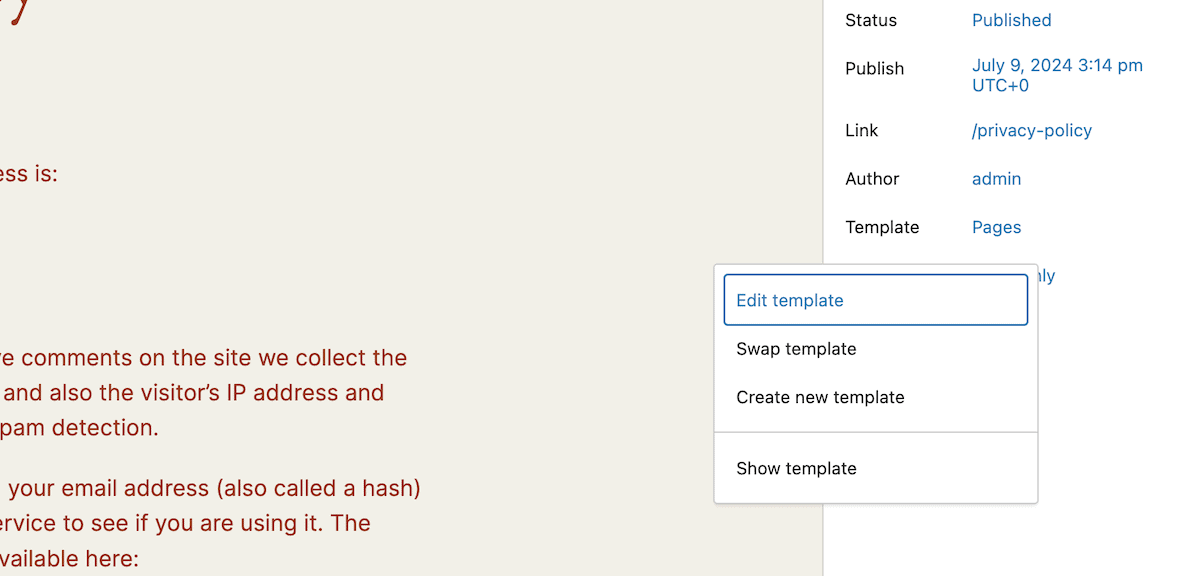 El editor de bloques de WordPress muestra los detalles de una página publicada, incluyendo el estado, la fecha de publicación, el enlace, el autor y la plantilla. Hay un menú desplegable abierto con opciones para editar, intercambiar, mostrar o crear una nueva plantilla.
