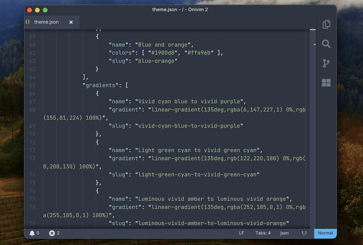 コードエディター内のtheme.jsonファイル