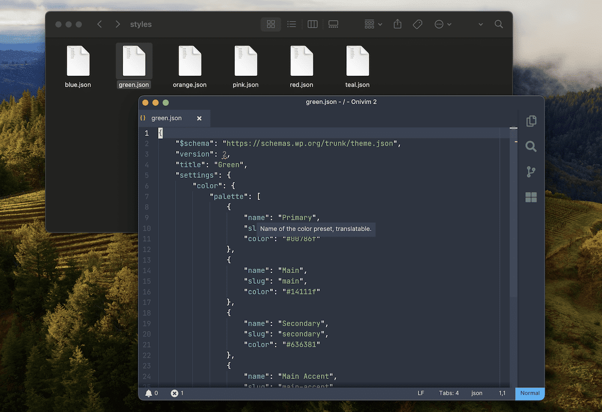 La interfaz de macOS muestra dos ventanas. La ventana de fondo muestra un explorador de archivos con varios archivos JSON para diferentes esquemas de color. La ventana de primer plano muestra un editor de código abierto a green.json, que contiene los ajustes de color del tema para un esquema de color verde.