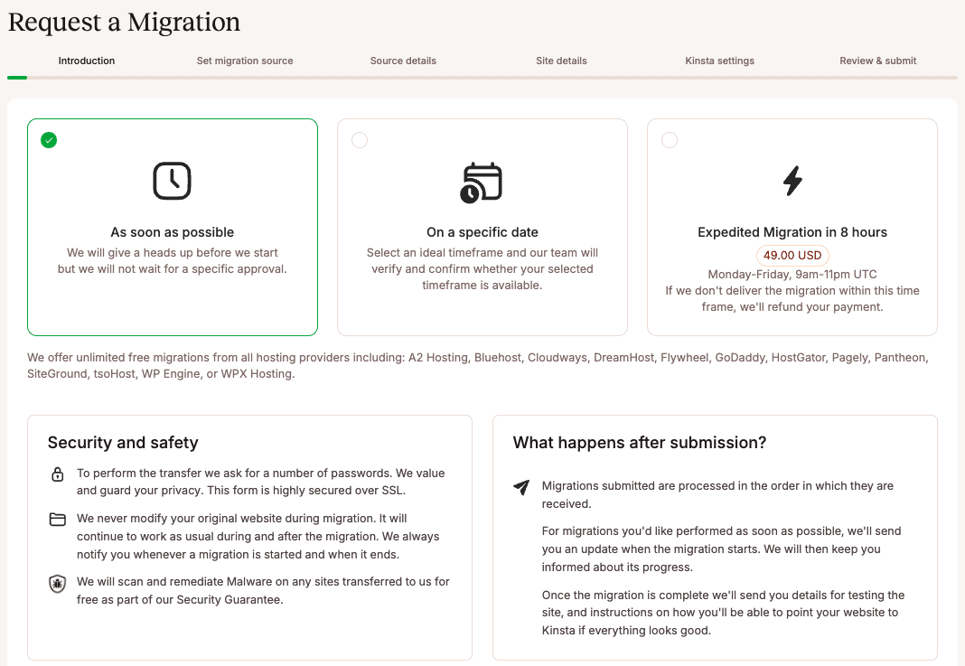 S screenshot of the migration-request dialog in MyKinsta.