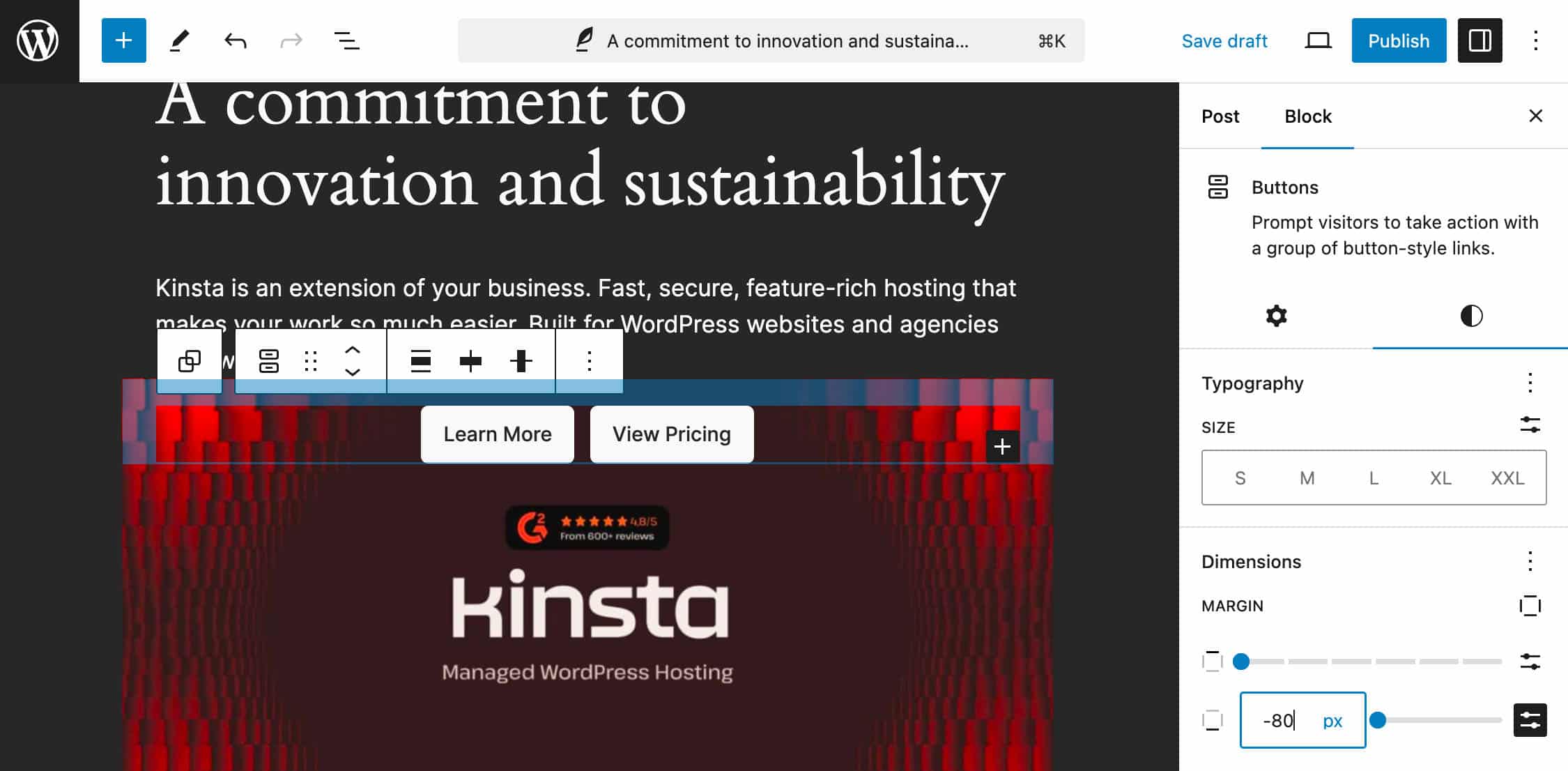 Negatieve marges instellen op een Buttons blok in WordPress 6.6