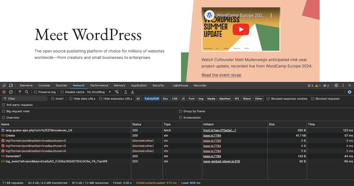 Die DevTools-Oberfläche des Brave-Browsers, die oben die WordPress-Website anzeigt. Dazu gehören ein Text, der sie als „die Open-Source-Publishing-Plattform der Wahl für Millionen von Websites weltweit“ beschreibt, und ein Video-Thumbnail über WordCamp Europe 2024. Die Entwicklerkonsole zeigt XHR-Anfragen für die Website an.