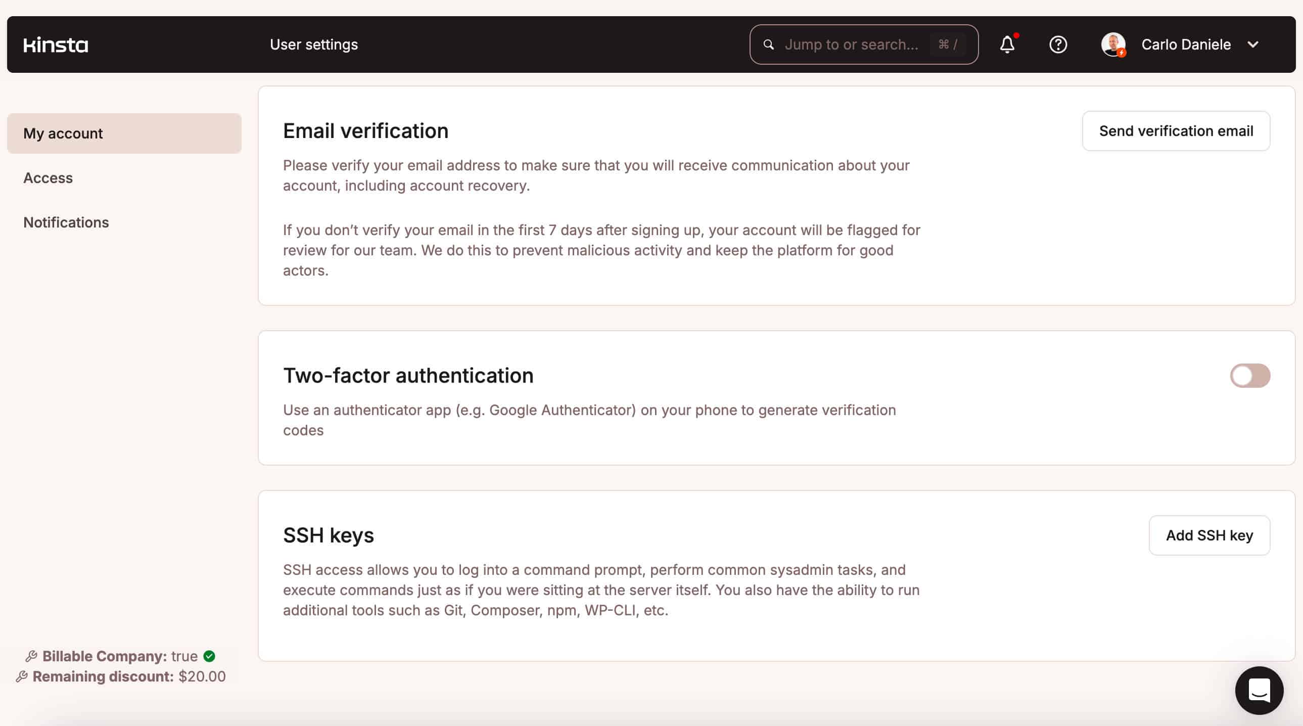 Two-factor authentication in MyKinsta