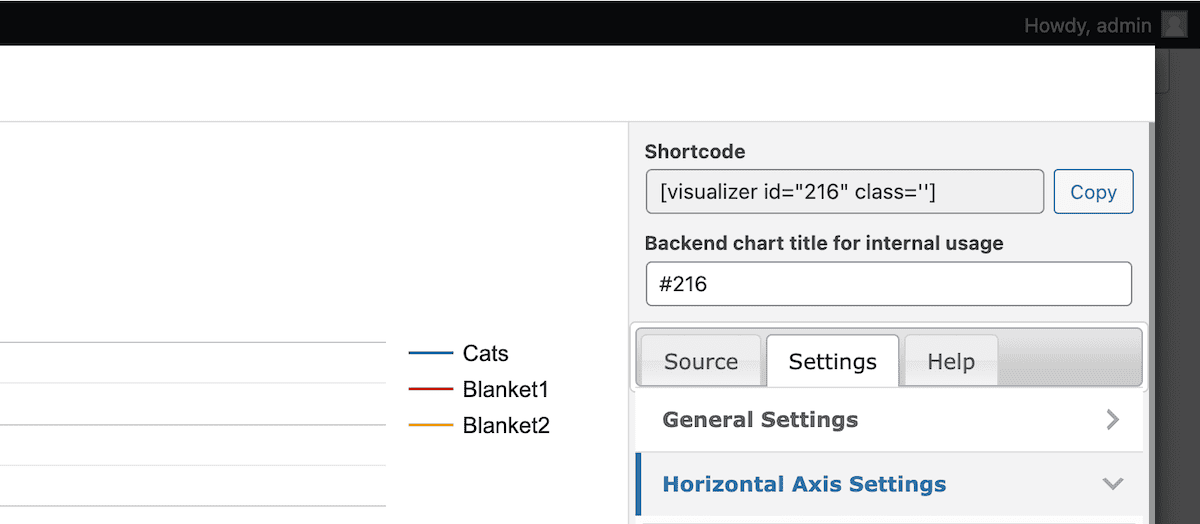 Ein Teil der Visualizer-Plugin-Oberfläche, der die Diagrammeinstellungen und einen Shortcode anzeigt. Der Shortcode wird in einem Textfeld mit einer daneben befindlichen Schaltfläche „Kopieren“ angezeigt. Darunter befinden sich Registerkarten für Quelle, Einstellungen und Hilfe, mit erweiterbaren Abschnitten für Allgemeine Einstellungen und Einstellungen für die horizontale Achse, die sichtbar sind.