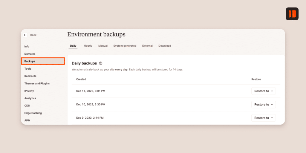 Herunterladbare Backups in MyKinsta