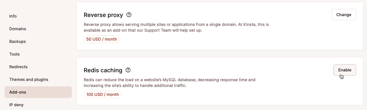 A screenshot showing the Redis card on the MyKinsta Add-one page.